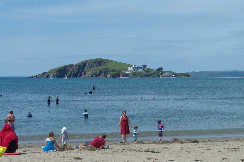 Burgh Island viewed from Bantham Beach. Agatha Christie used the Island as the setting for two of her books; 
'Evil Under The Sun' and  And Then There Were None.

Bantham Beach is 11 miles from Sea View Campsite
Burgh Island is 18 miles (by road) from Sea View Campsite


